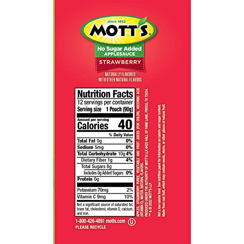 Mott's strawberry applesauce clear pouch close-up; convenient for lunchboxes.