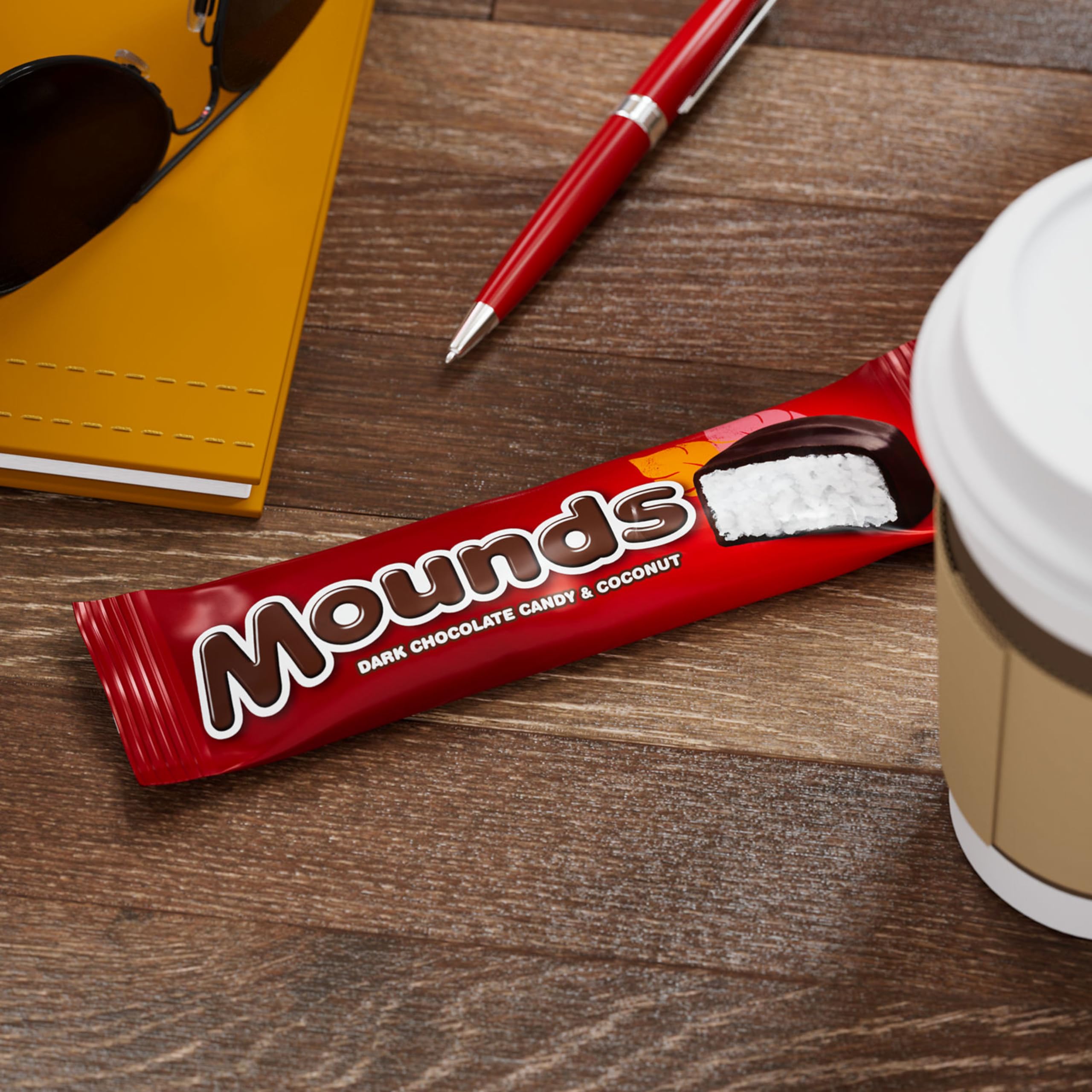 Closeup of MOUNDS coconut and dark chocolate bar with tropical flavor
