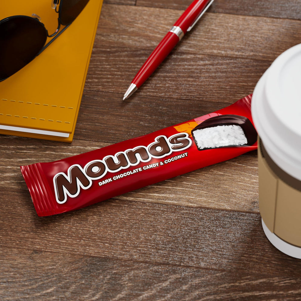 Closeup of MOUNDS coconut and dark chocolate bar with tropical flavor