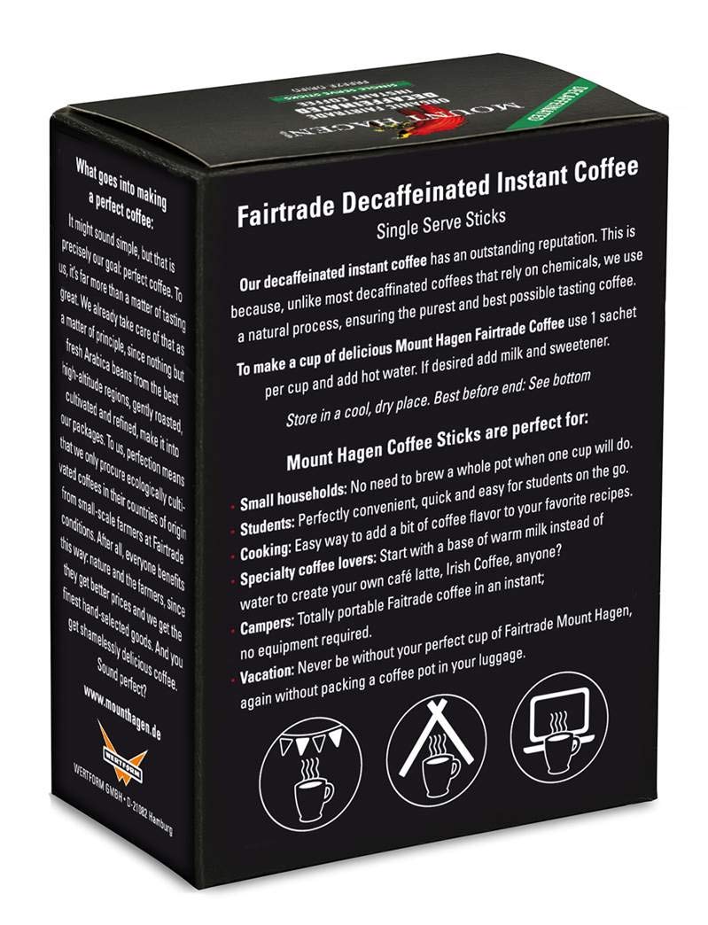 Mount Hagen decaf instant stick back reveals brewing options and flavor notes