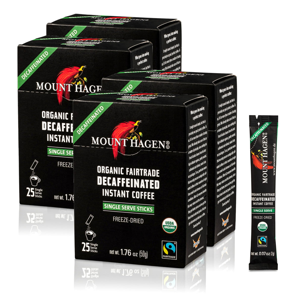 Mount Hagen decaf instant stick front shows portable coffee on the go