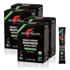 Mount Hagen decaf instant stick front shows portable coffee on the go