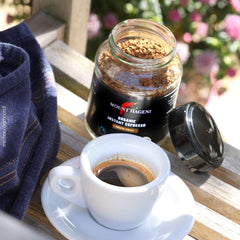 Mount Hagen instant espresso dissolves in cold water for refreshing iced coffee.