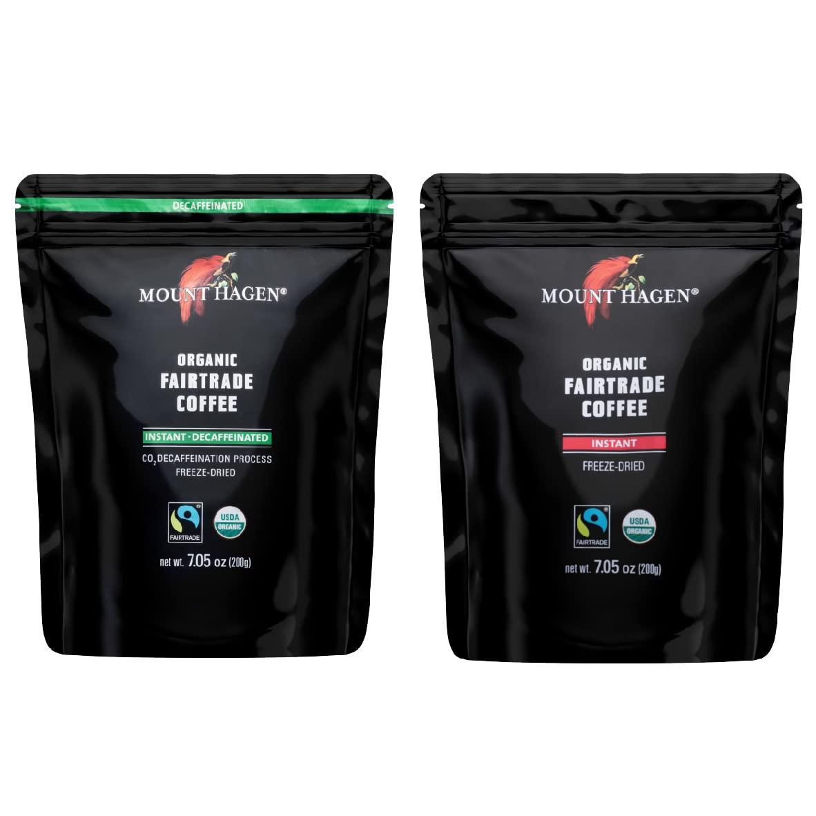 Mount Hagen instant coffee bag front with resealable pouch for easy storage.