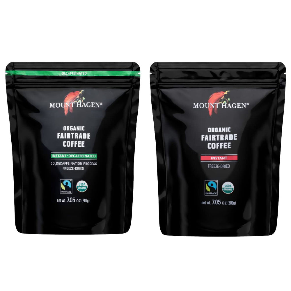 Mount Hagen instant coffee bag front with resealable pouch for easy storage.