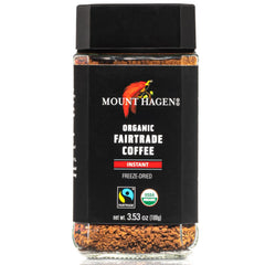 Mount Hagen instant coffee jar close-up showing premium freeze-dried granules for fast flavor