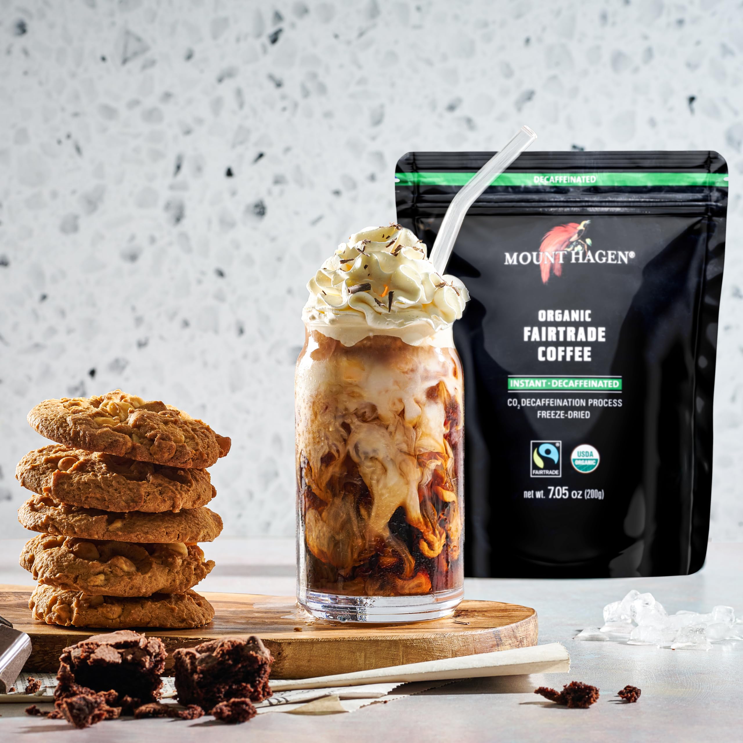 Mount Hagen instant decaf dissolves in cold water for quick iced coffee