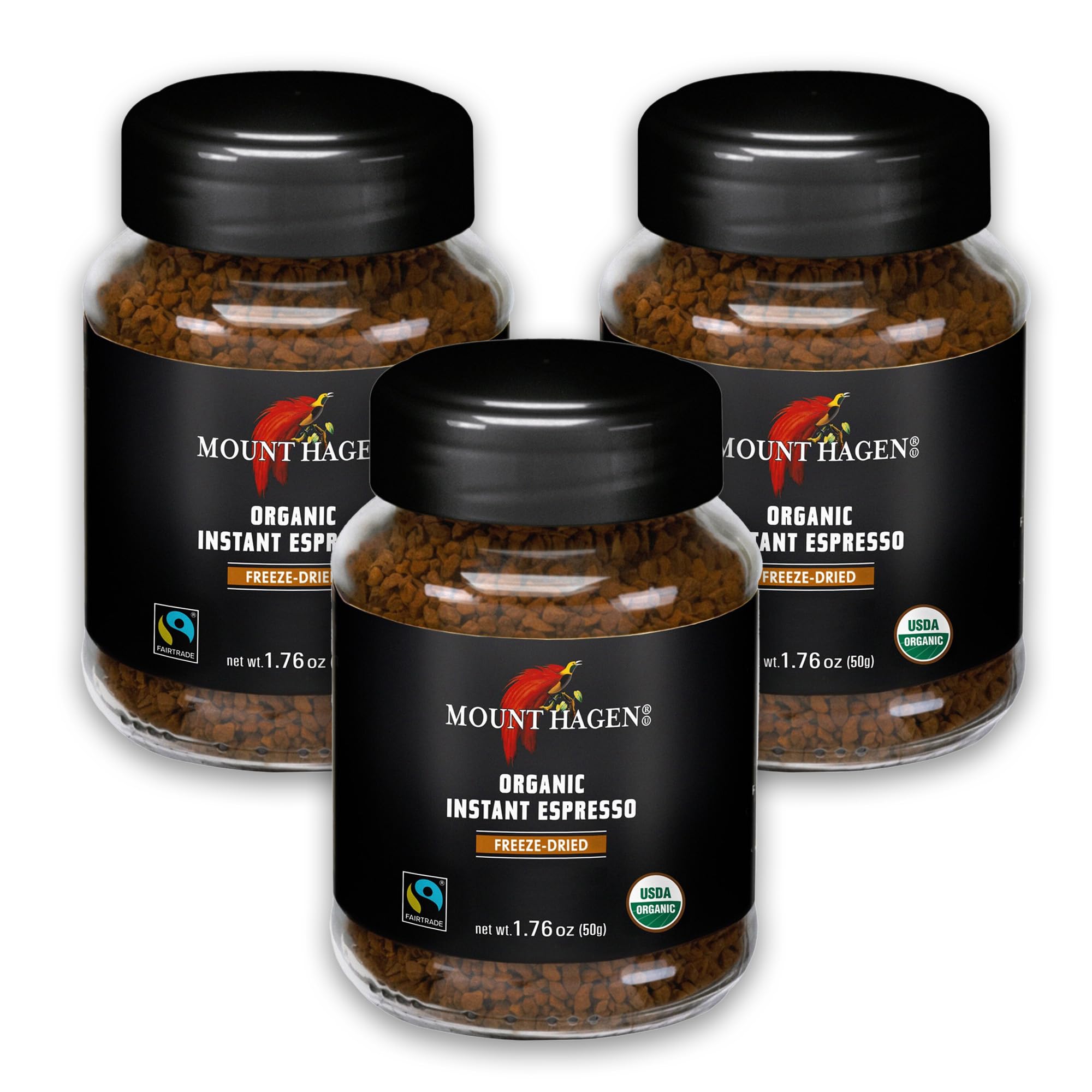 Mount Hagen instant espresso jar label highlighting organic Fair Trade origin and premium crema.
