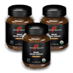 Mount Hagen instant espresso jar label highlighting organic Fair Trade origin and premium crema.
