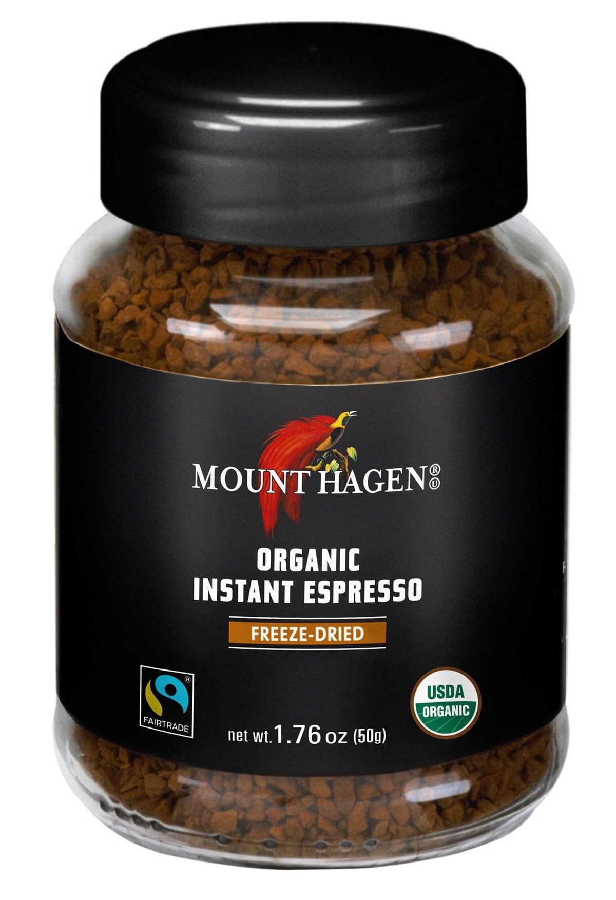 Mount Hagen instant espresso jar with organic beans for quick, smooth mornings.
