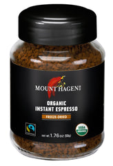 Mount Hagen instant espresso jar with organic beans for quick, smooth mornings.