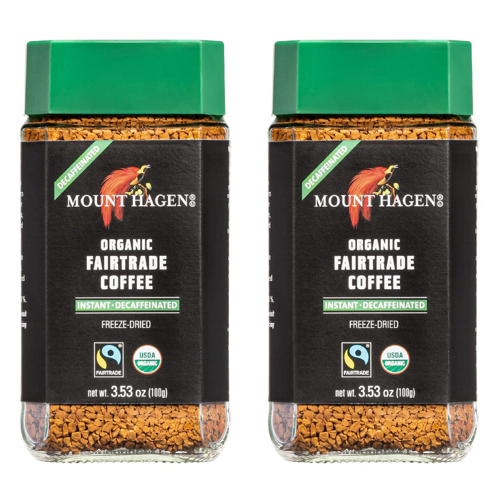Mount Hagen decaf jar front label with organic fair trade branding.