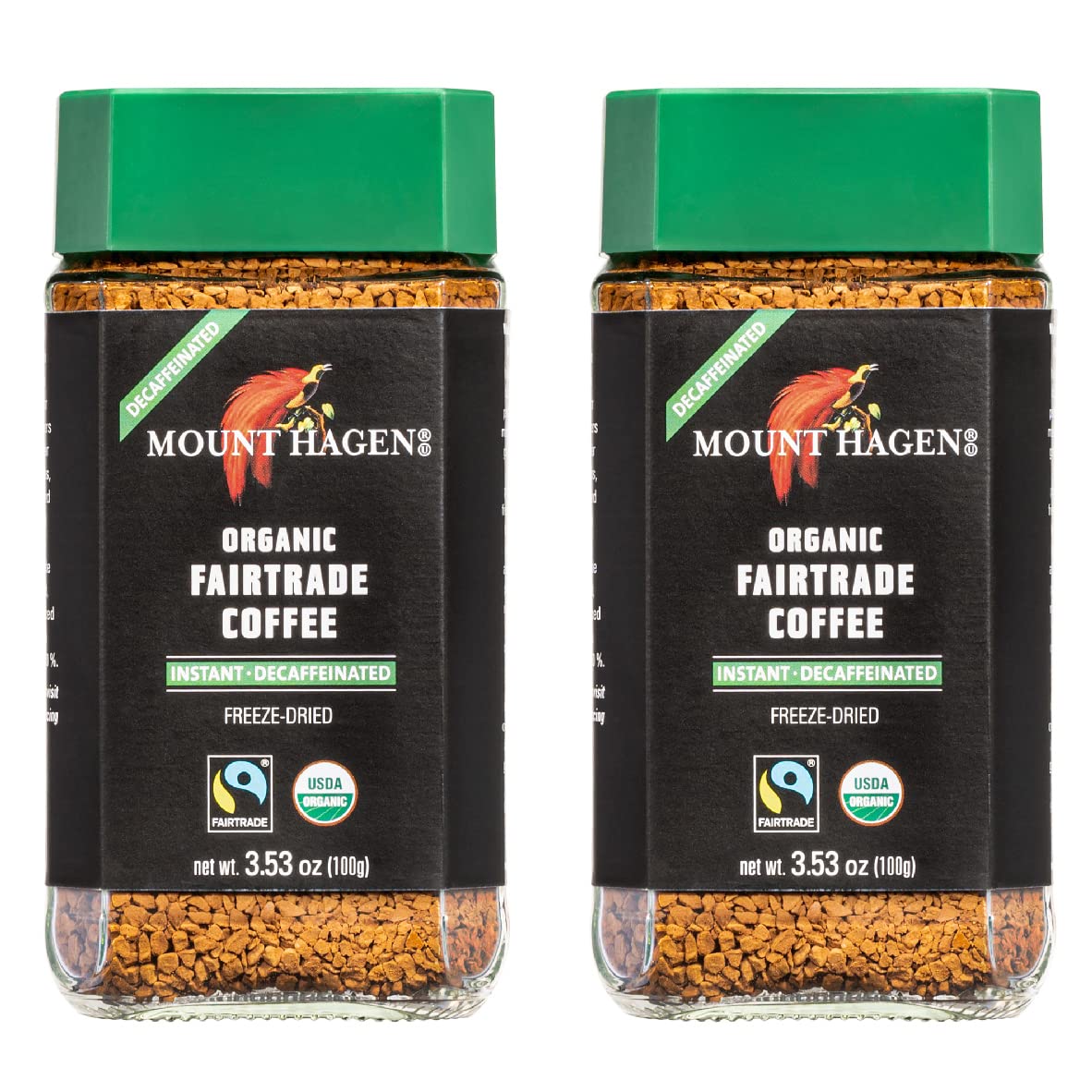 Mount Hagen decaf jar front label with organic fair trade branding.