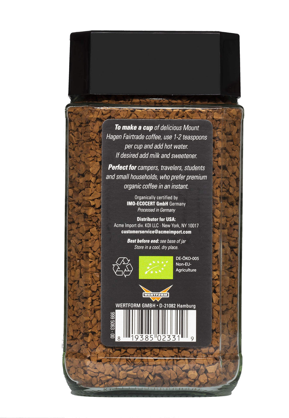 Mount Hagen organic fair-trade certification badge displayed on jar.
