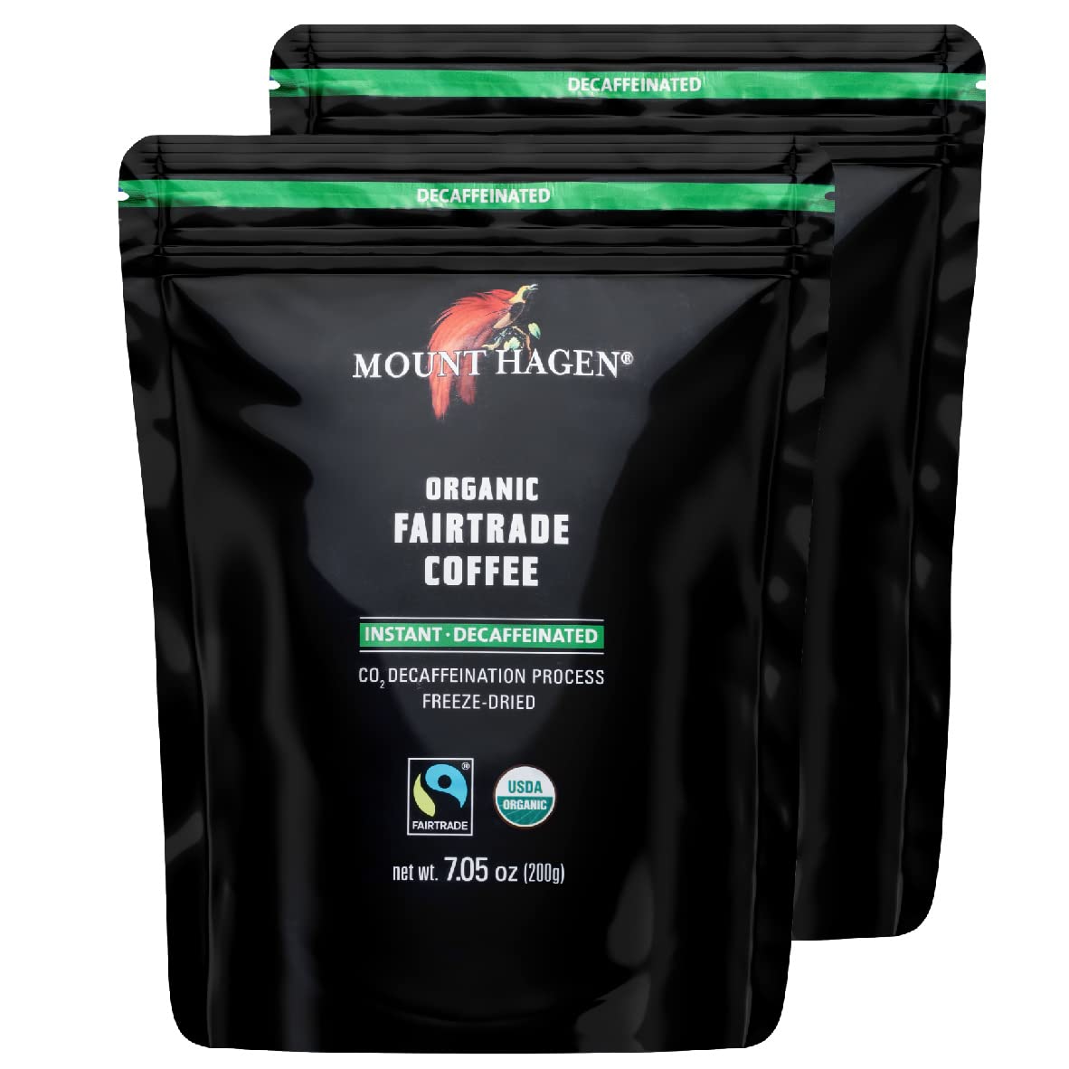 Mount Hagen organic instant decaf coffee in a resealable bag front view showing smooth flavor