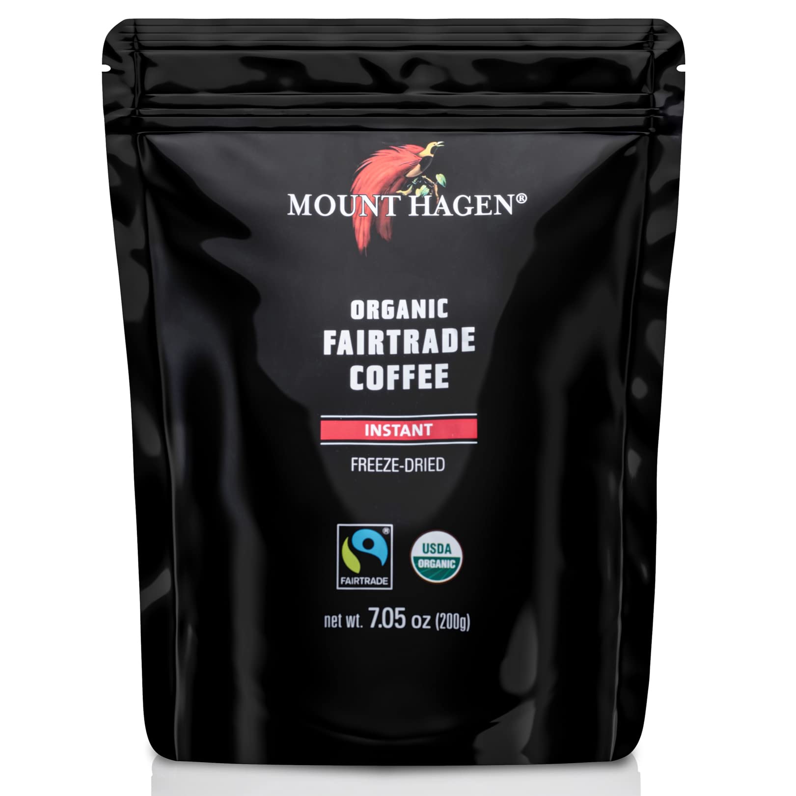 Mount Hagen resealable pouch closeup highlighting freshness and convenience.