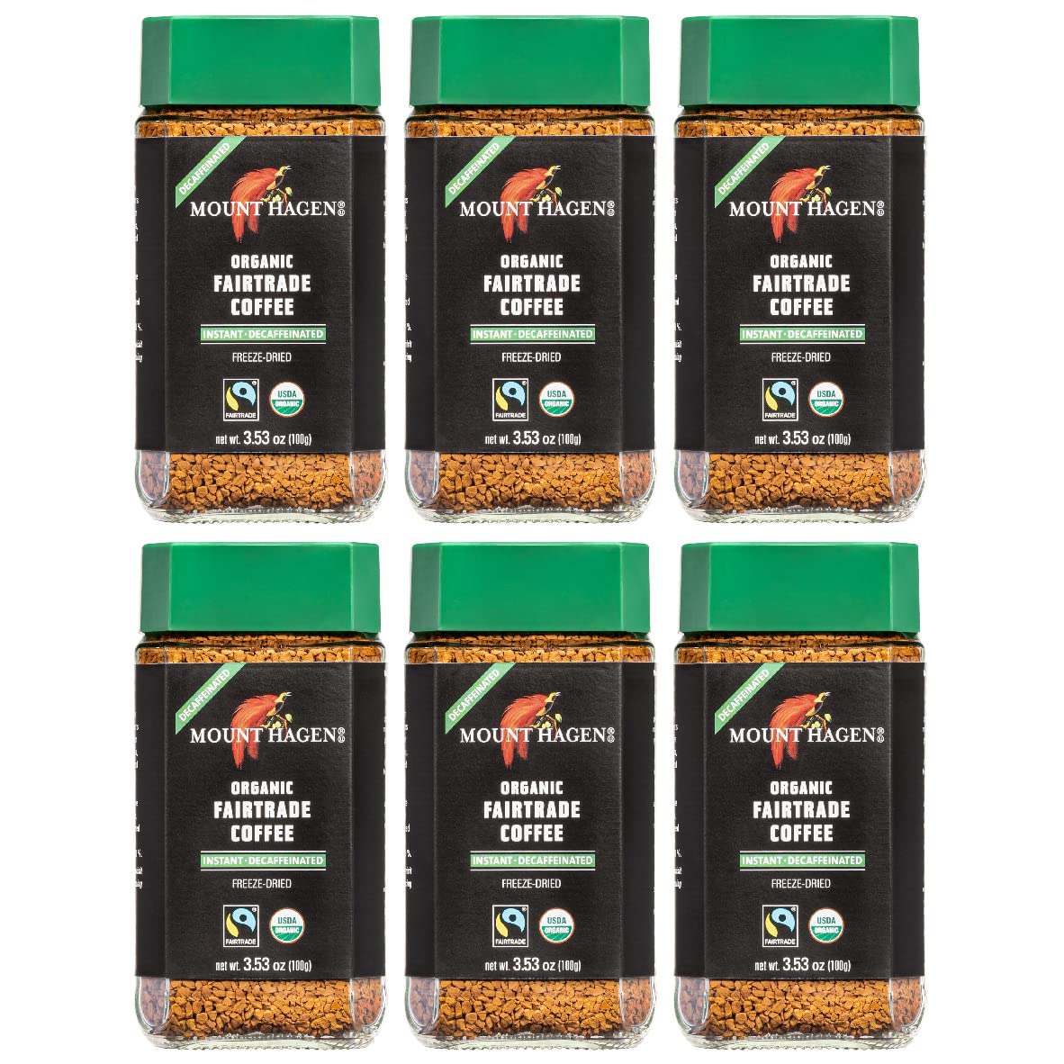 Mount Hagen six-pack front view showcases convenient decaf coffee for busy mornings.