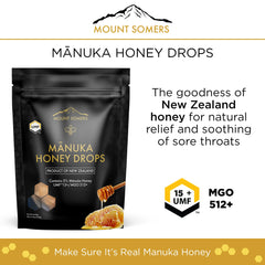 Mount Somers UMF 15+ Manuka Drops in hand, convenient lozenges for on-the-go relief
