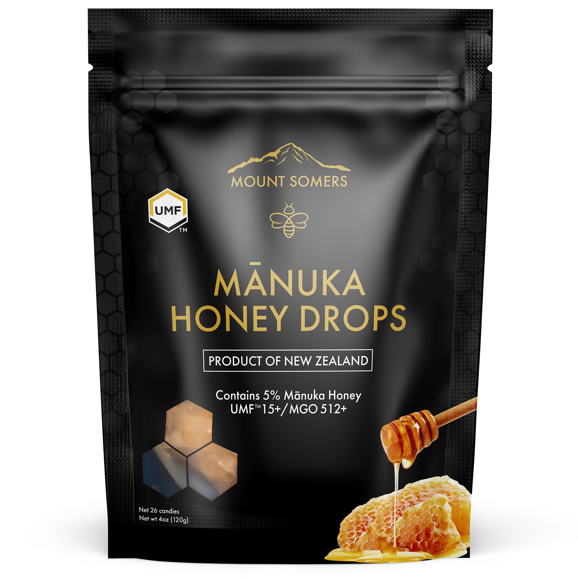 Mount Somers UMF 15+ Manuka Drops lozenges close-up showing natural honey texture for soothing relief