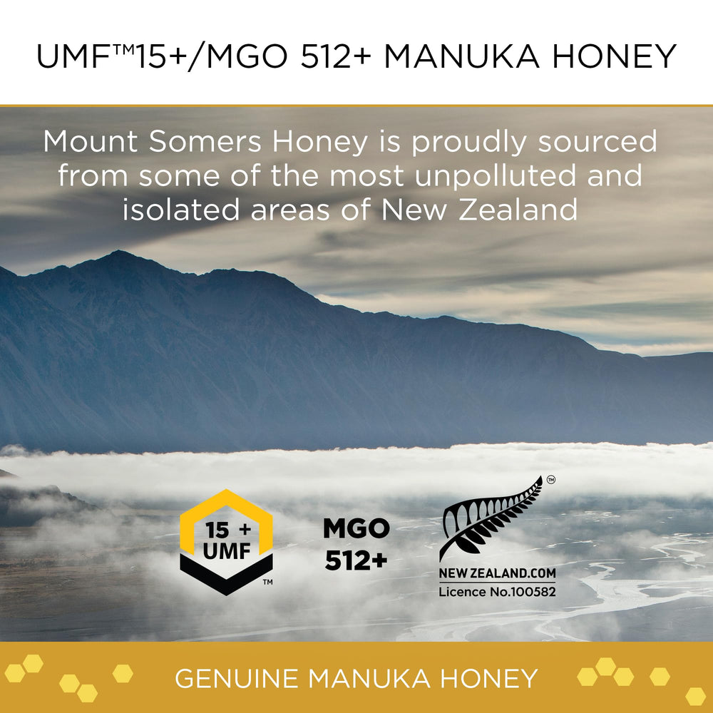 Mount Somers UMF 15+ Manuka Drops on a table, ready for throat comfort