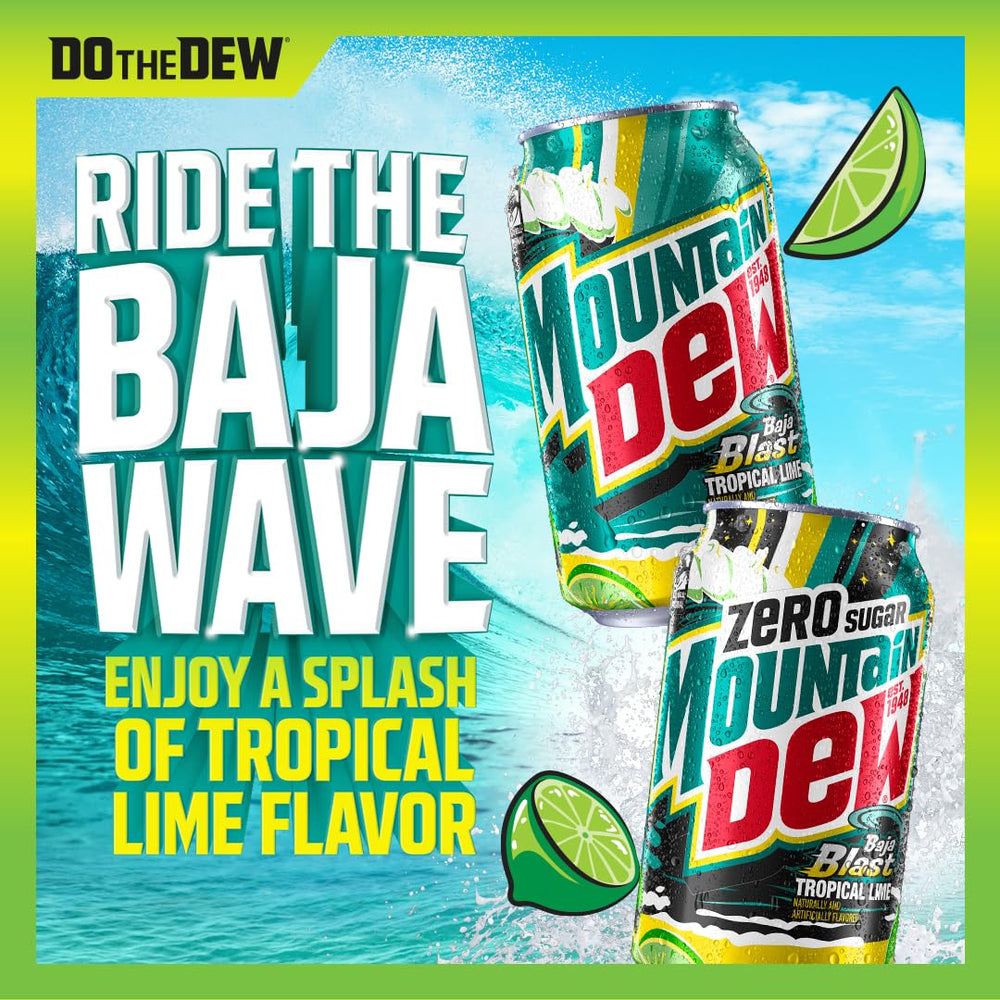 In the fridge, Mountain Dew Baja Cabo Citrus Zero Sugar stays cold for quick refreshment.