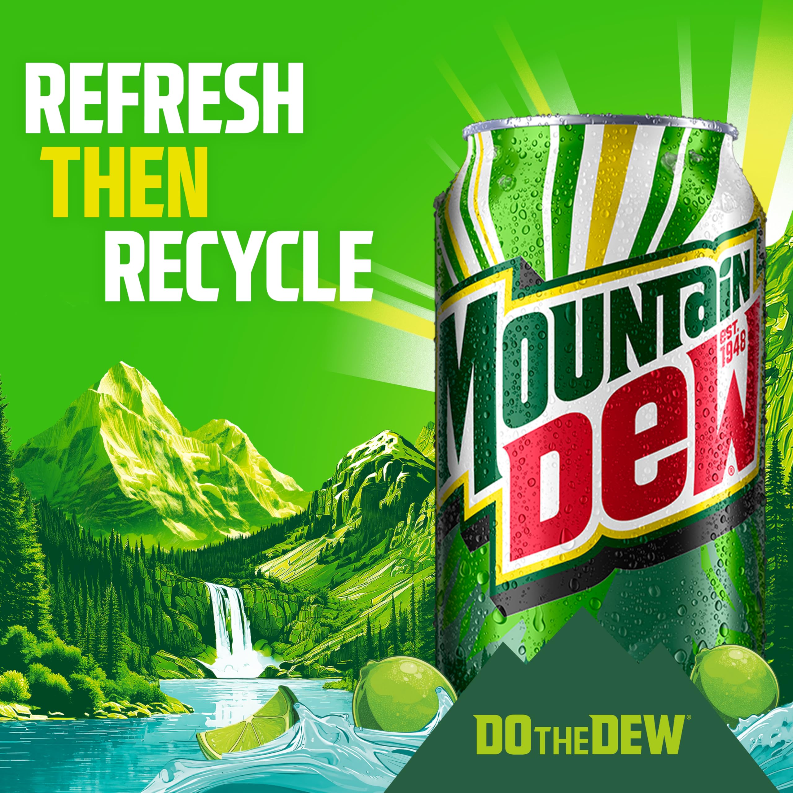 Close-up Mountain Dew metal can, compact design for convenient enjoyment.