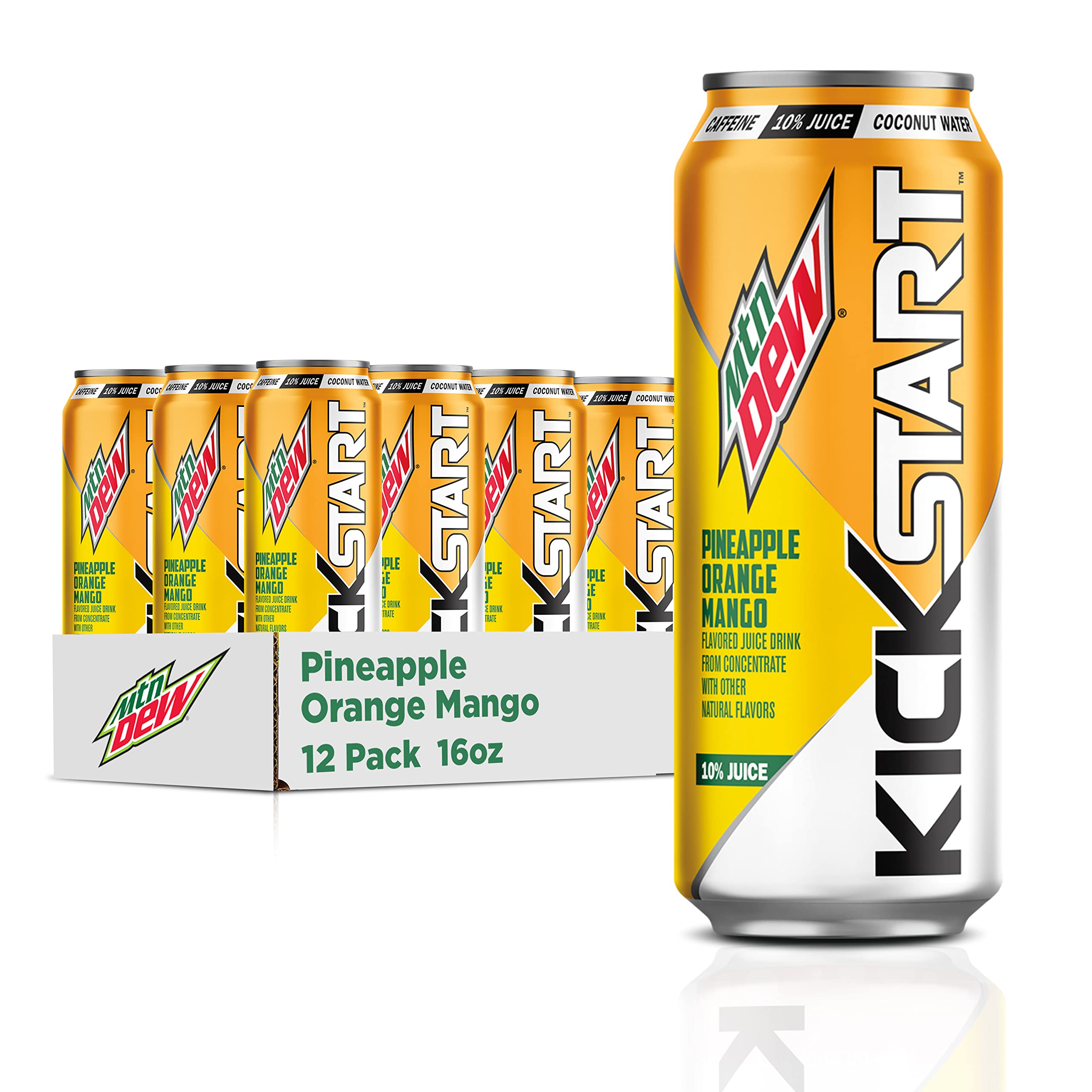 Mountain Dew Kickstart pineapple orange mango can front view for a quick energy boost.