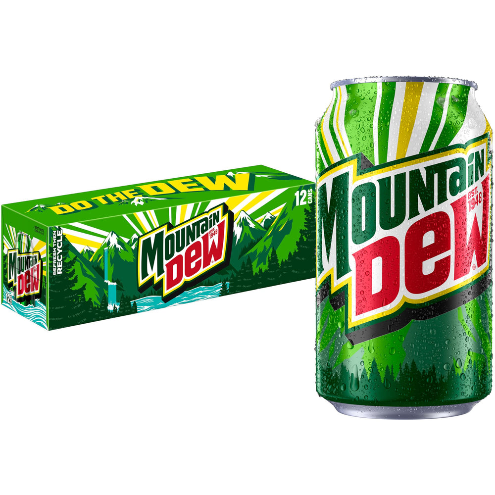 Mountain Dew Original 12oz cans pack for on-the-go refreshment.