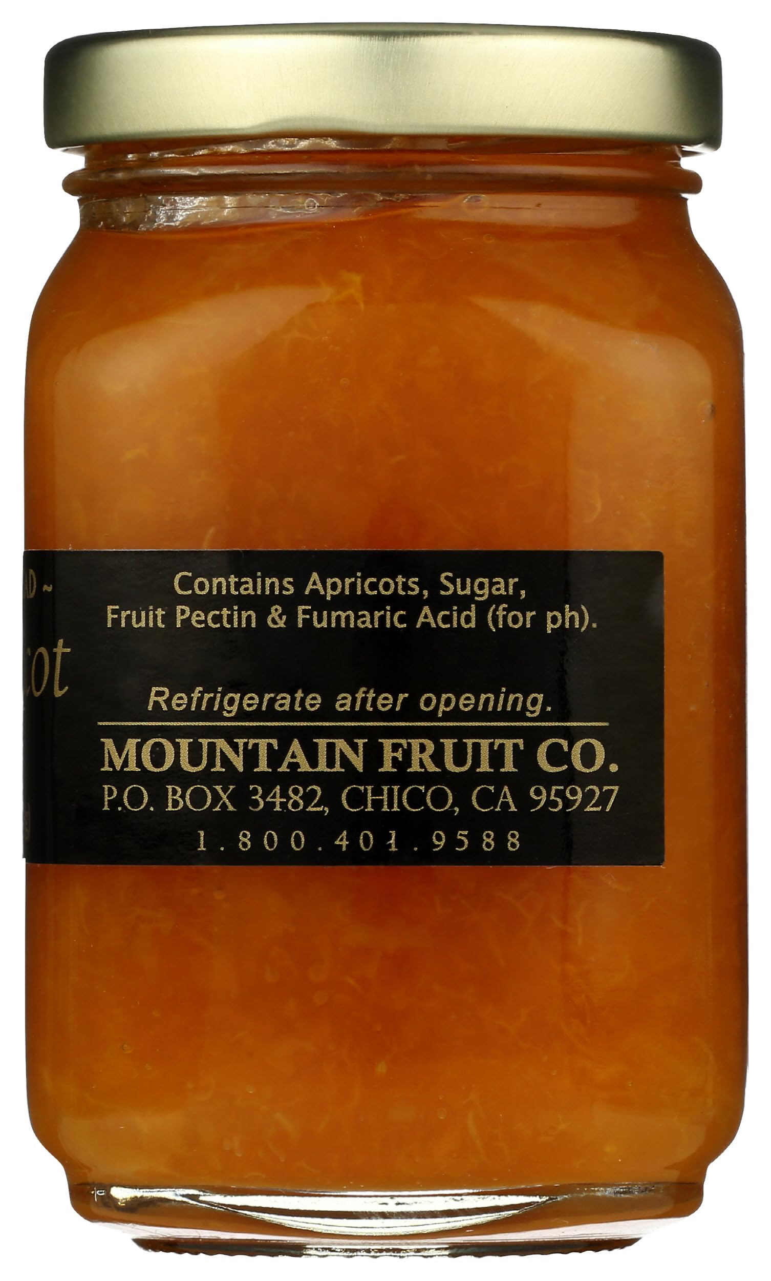 Mountain Fruit Co. Always Apricot Jam glass jar on table conveys premium packaging.