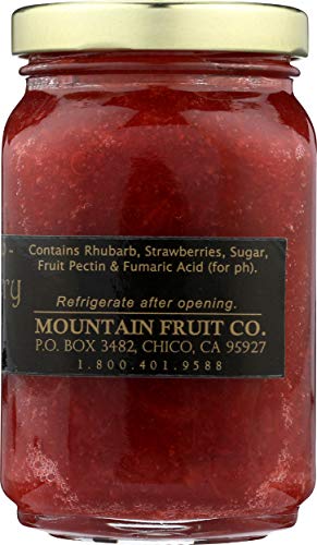 Bottle of Mountain Fruit Co. Rhubarb & Berry Jam on kitchen counter ready to enjoy