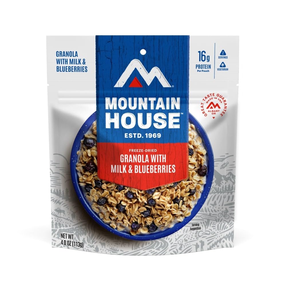 Mountain House granola with milk and blueberries pouch ready to eat on the trail