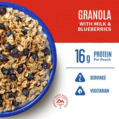 Pouring water into Mountain House granola pouch for quick breakfast