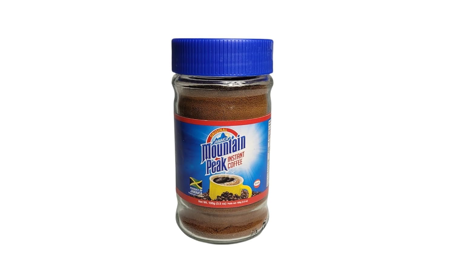 Mountain Peak Instant Coffee 100g jar—bold Jamaican blend for quick, flavorful cups.