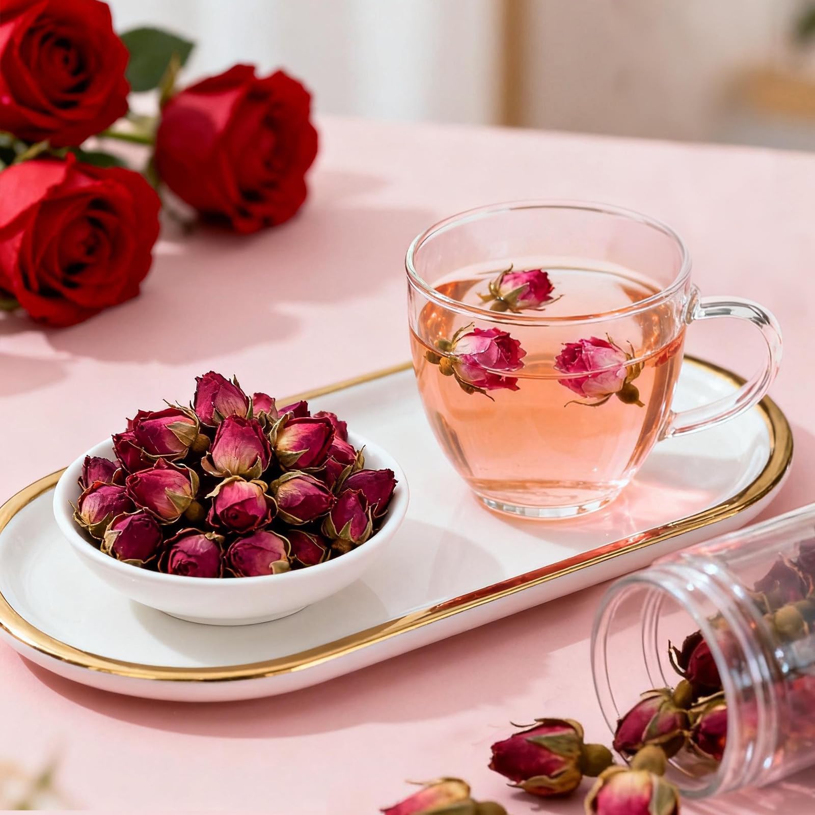 MQUPIN Rosebud Tea kitchen-use image suggests versatile culinary and infusion options.