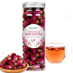 MQUPIN Rosebud Tea package front highlights pure, chemical-free rosebuds for culinary use.