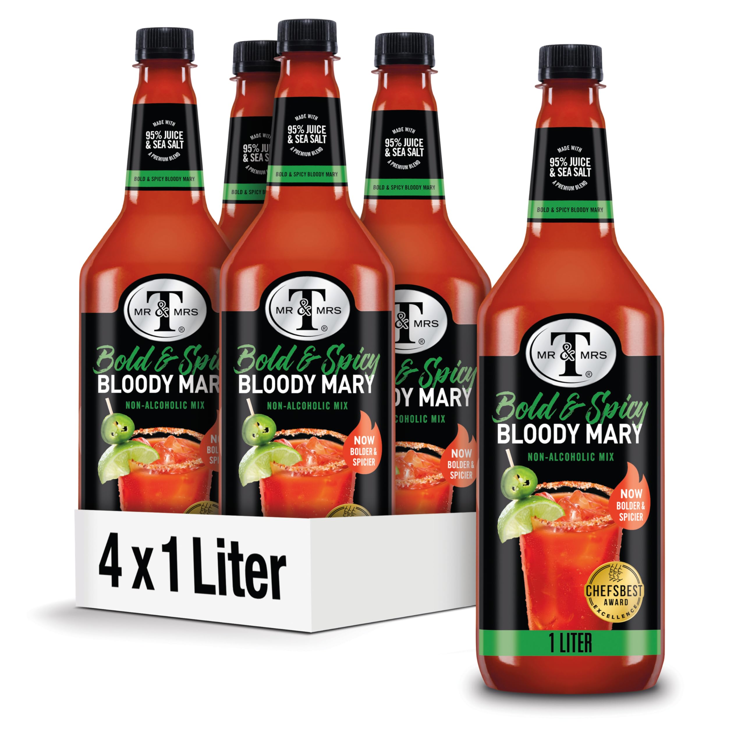Mr and Mrs T Bold and Spicy Bloody Mary Mix bottle on a bar shelf for premium cocktails