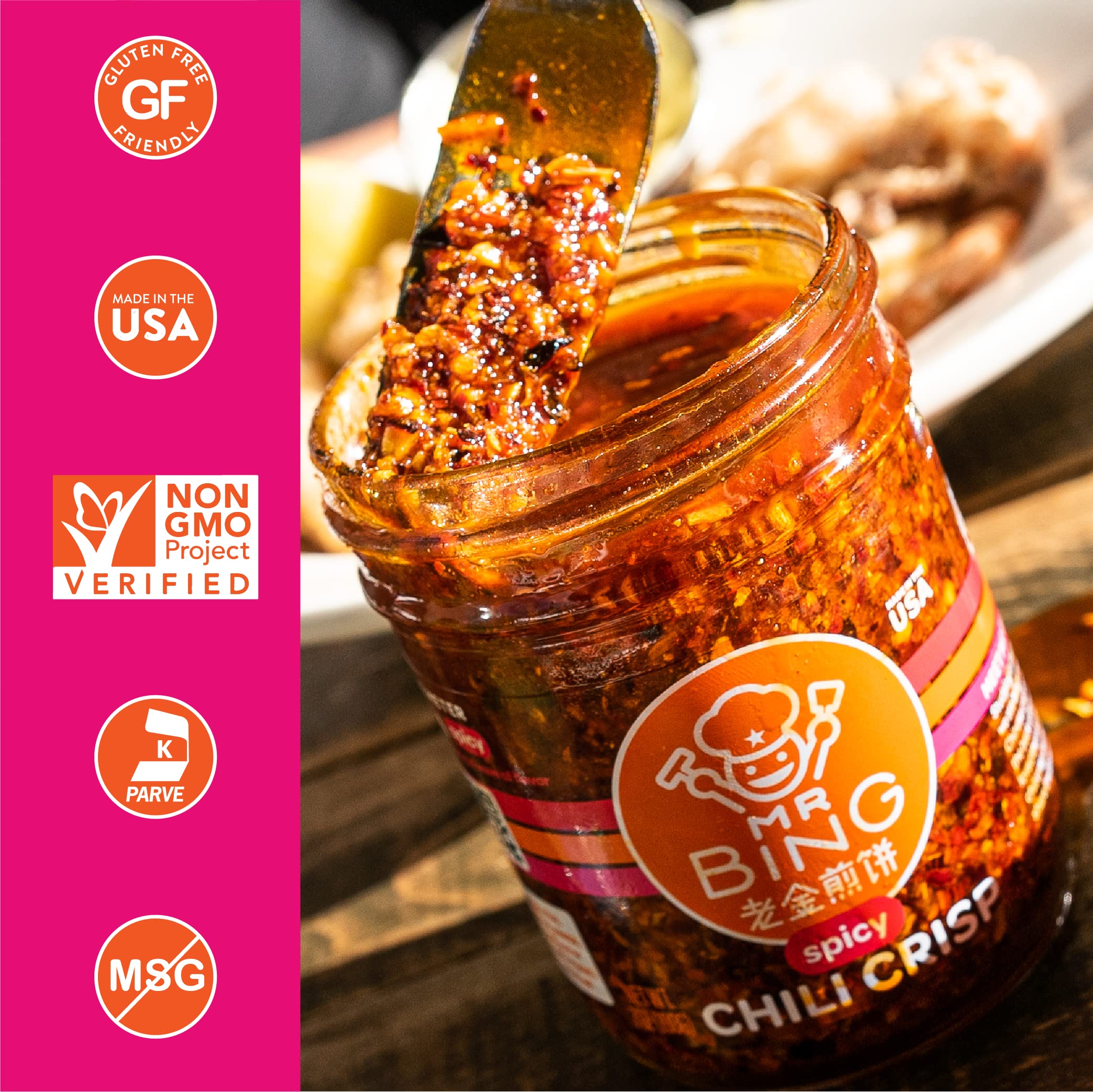 MR BING Chili Crisp being dispensed over rice for flavor boost