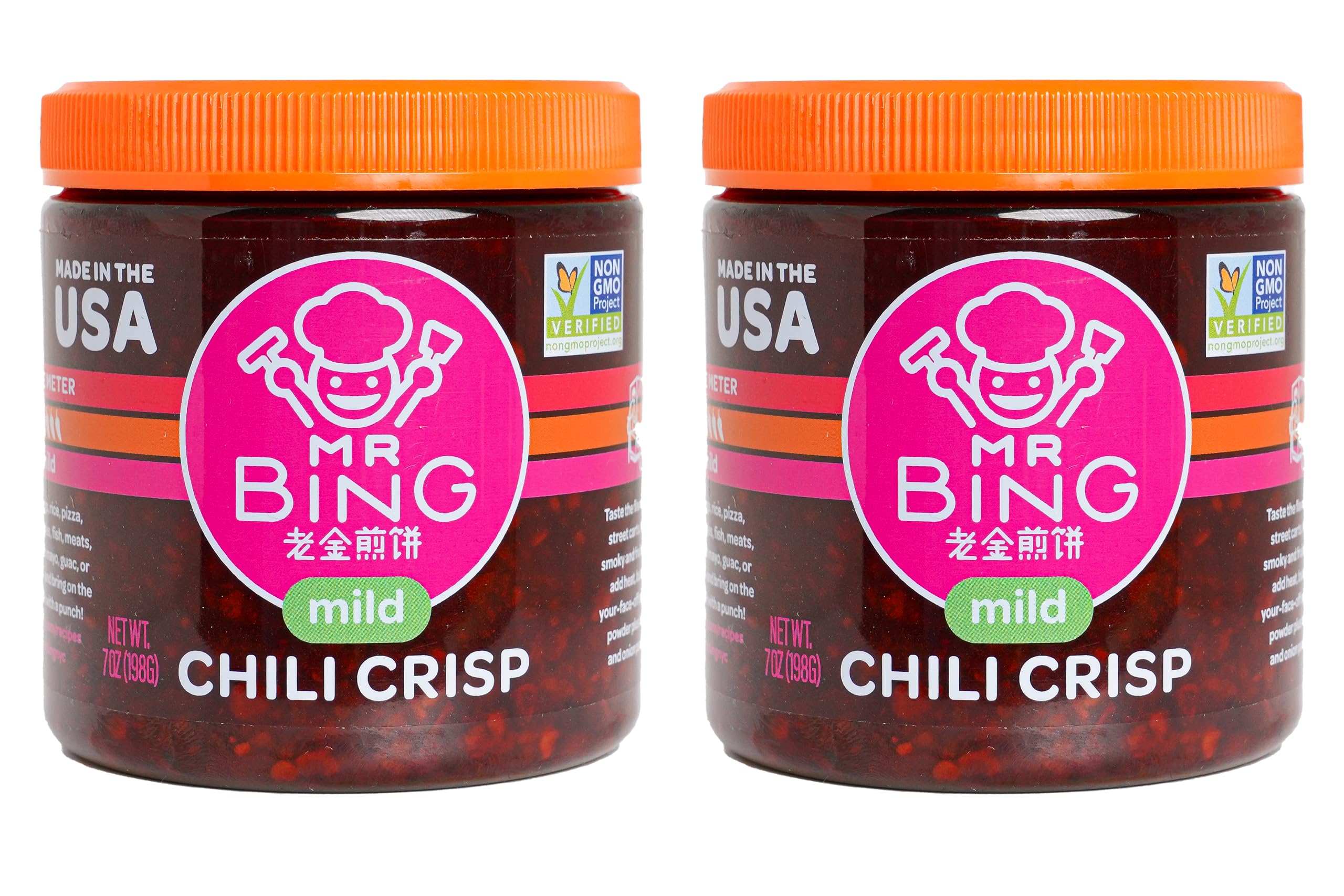 MR BING Chili Crisp jar front with glossy oil and crunch, ideal for elevating meals.