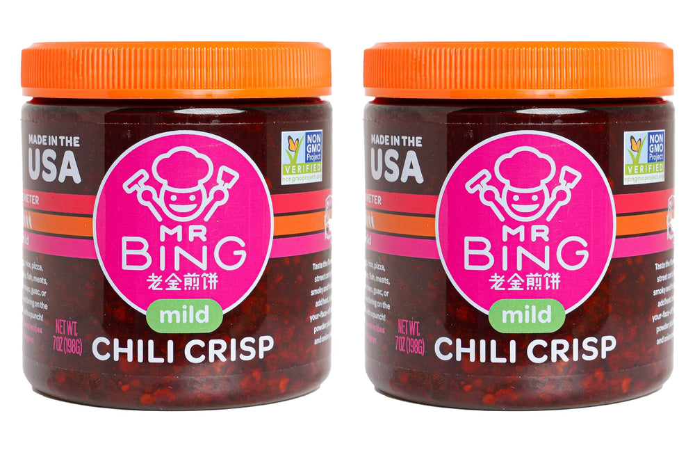 MR BING Chili Crisp jar front with glossy oil and crunch, ideal for elevating meals.