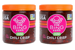 MR BING Chili Crisp jar front with glossy oil and crunch, ideal for elevating meals.