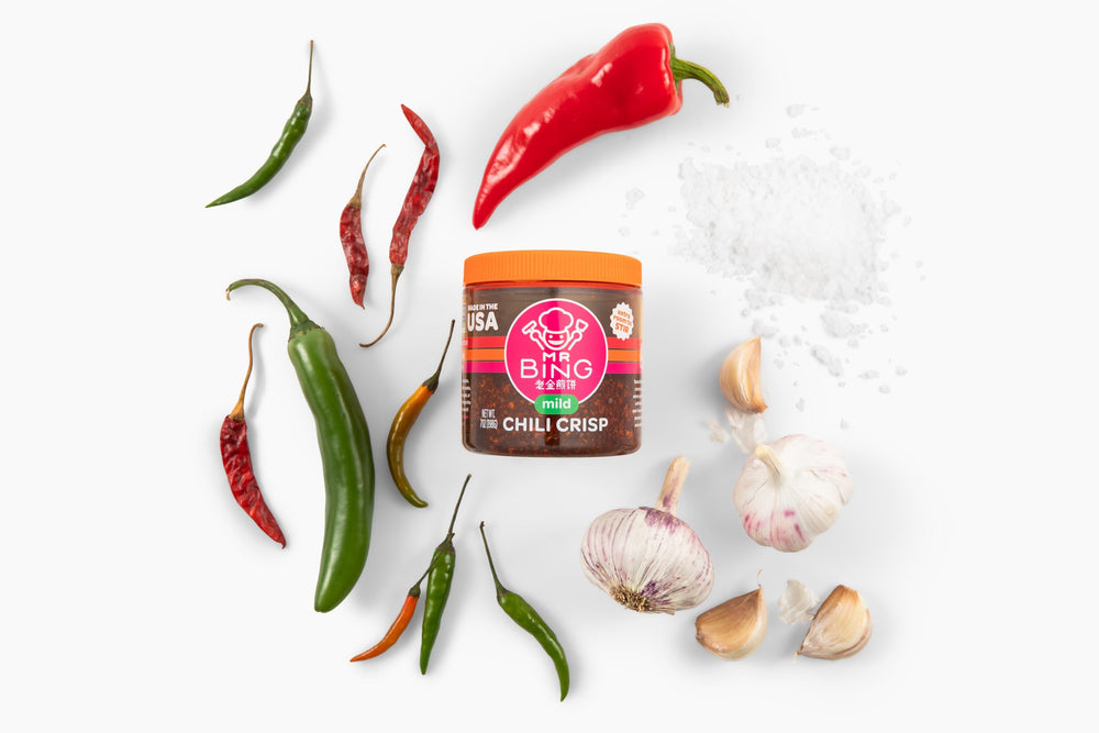 MR BING Chili Crisp made in USA label highlights quality and freshness.