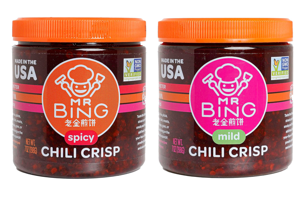 MR BING Chili Crisp spicy jar closeup showcasing bold flavor and crisp texture