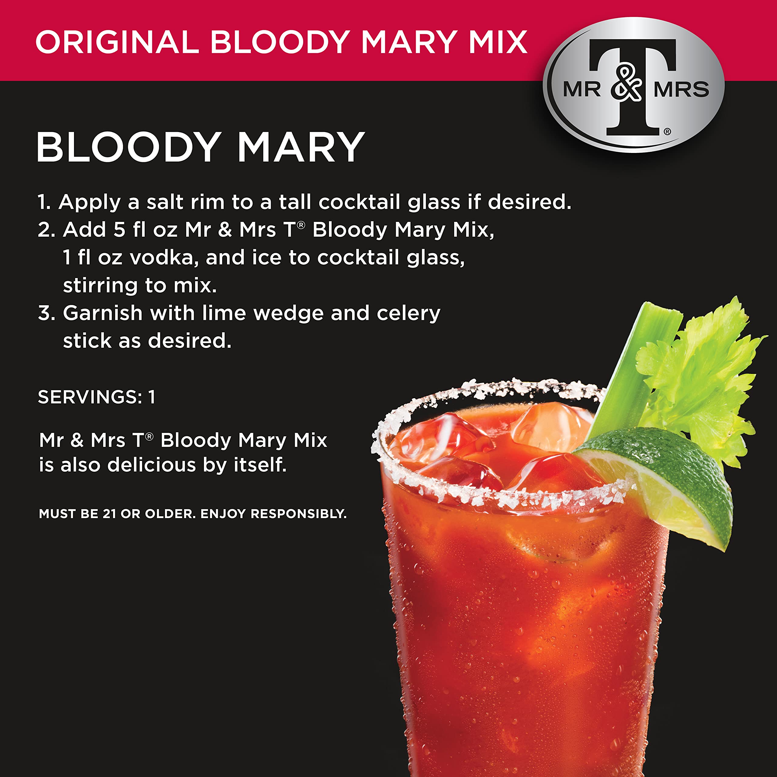 Mr & Mrs T Original Bloody Mary Mix ingredients highlighted, premium tomatoes and seasoning.