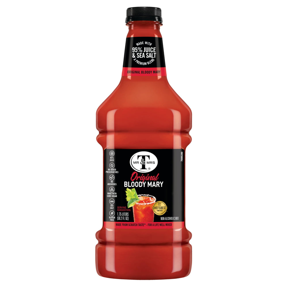 Pouring Mr & Mrs T Original Bloody Mary for quick cocktails at home