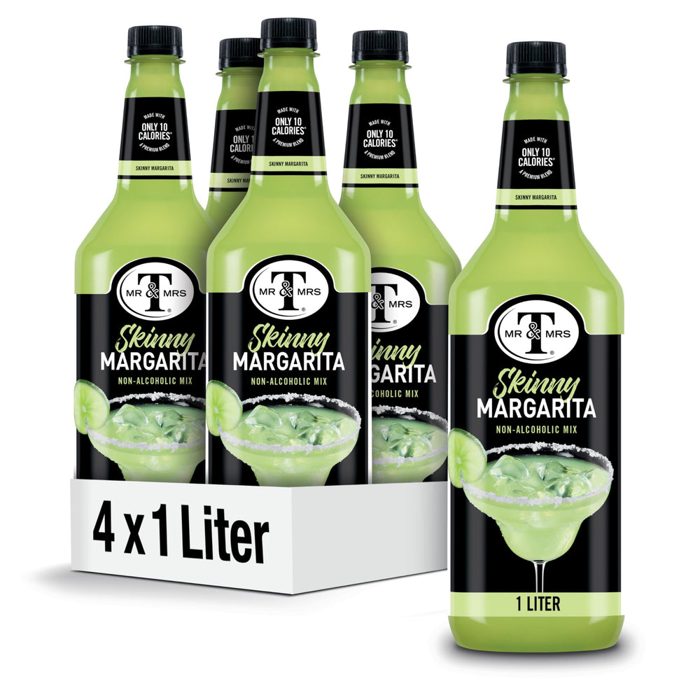 Mr & Mrs T Skinny Margarita Mix bottle front with tangy lime flavor for easy cocktails.