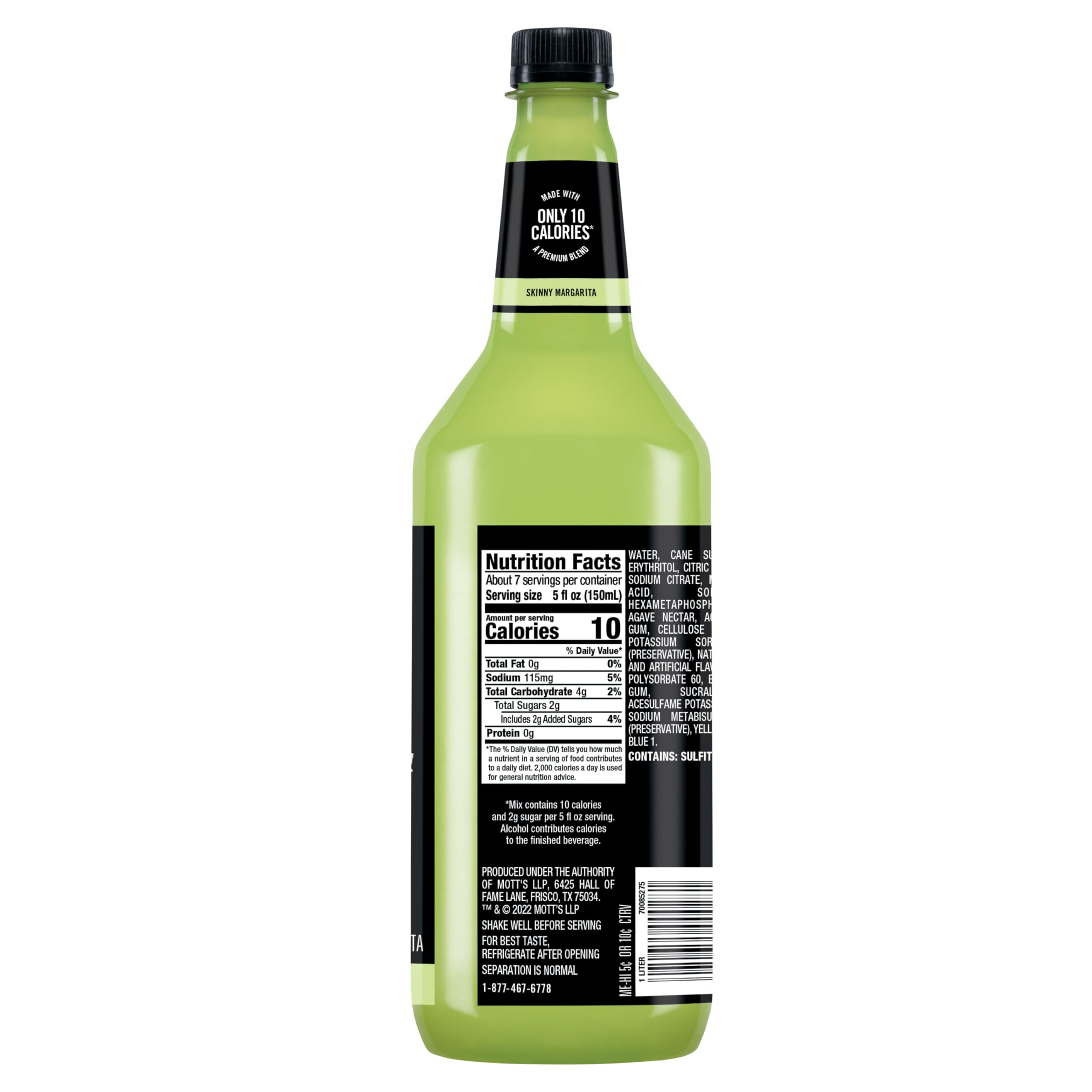 Mr & Mrs T Skinny Margarita Mix label close-up showing cane sugar and agave notes.