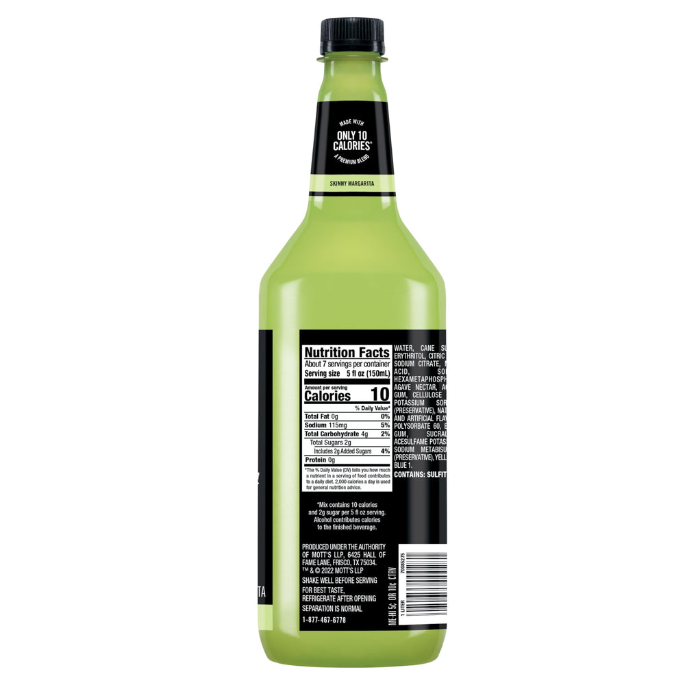 Mr & Mrs T Skinny Margarita Mix label close-up showing cane sugar and agave notes.