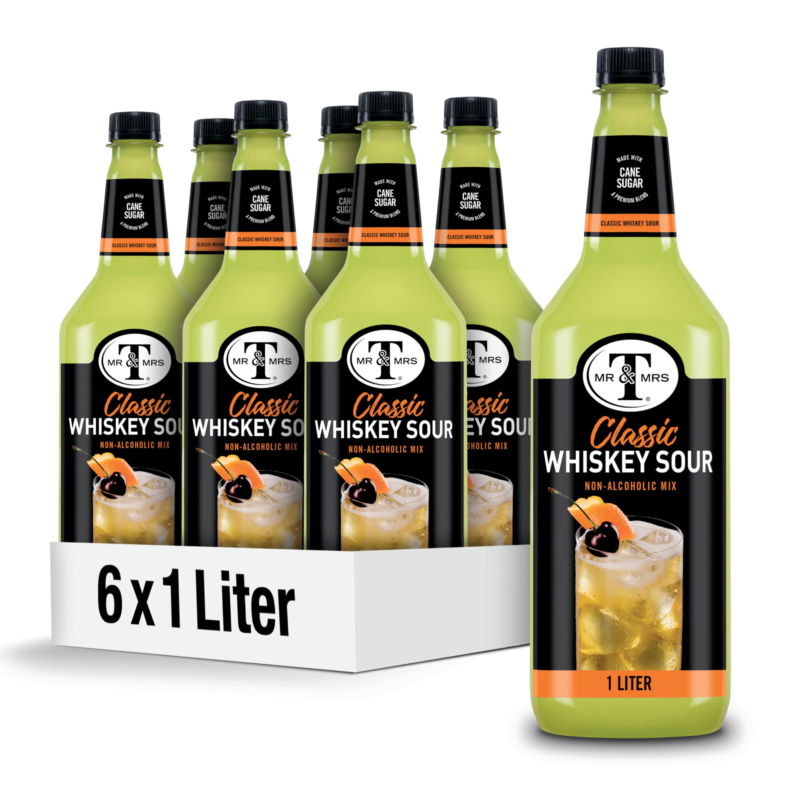 Mr & Mrs T Whiskey Sour Mix bottle front, premium cocktail mixer.