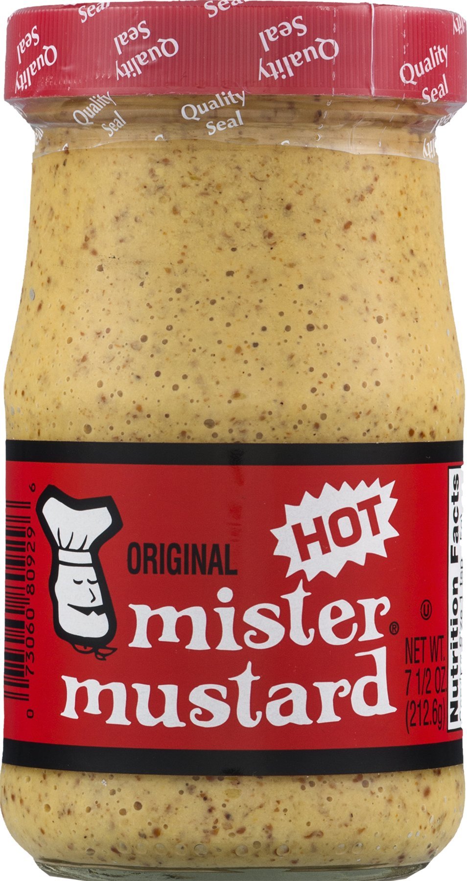 Mr. Mustard Original Mustard jar front view highlighting bold heat for sandwiches.