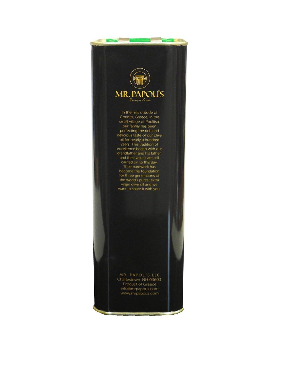Mr. Papou's EVOO label highlights Greek origin and quality.
